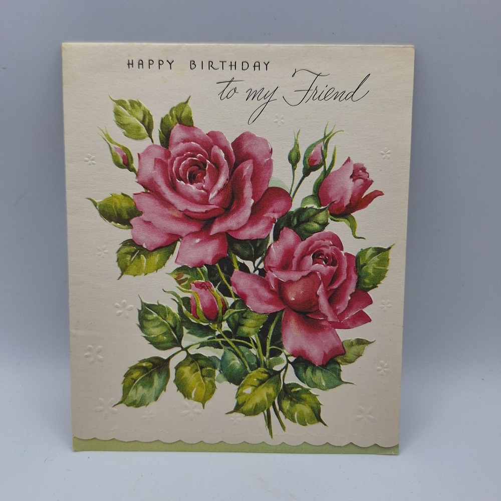 Vintage Happy Birthday Friend‎ Card Pink Roses Verse Sentimental Greeting Card